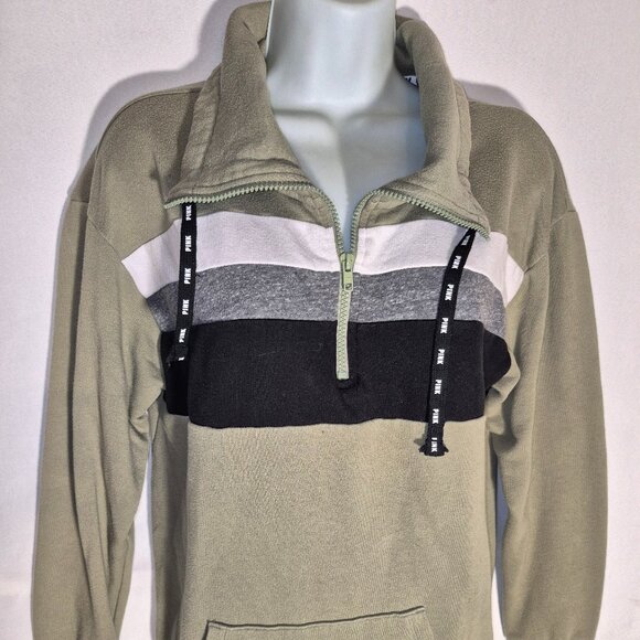 PINK/Victoria's Secret zippered front fleece jacket, green w/stripes in size XS - Picture 10 of 16